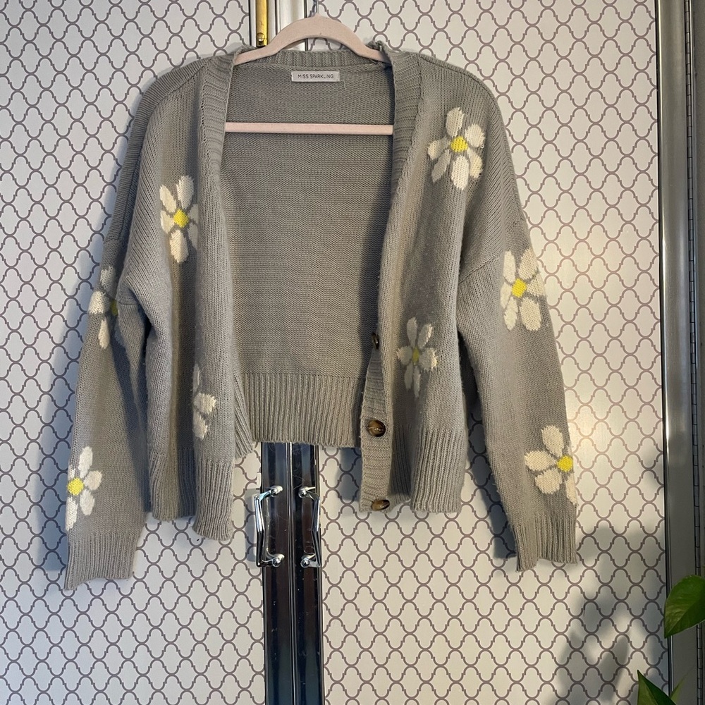 Gray Floral Cardigan Sweater